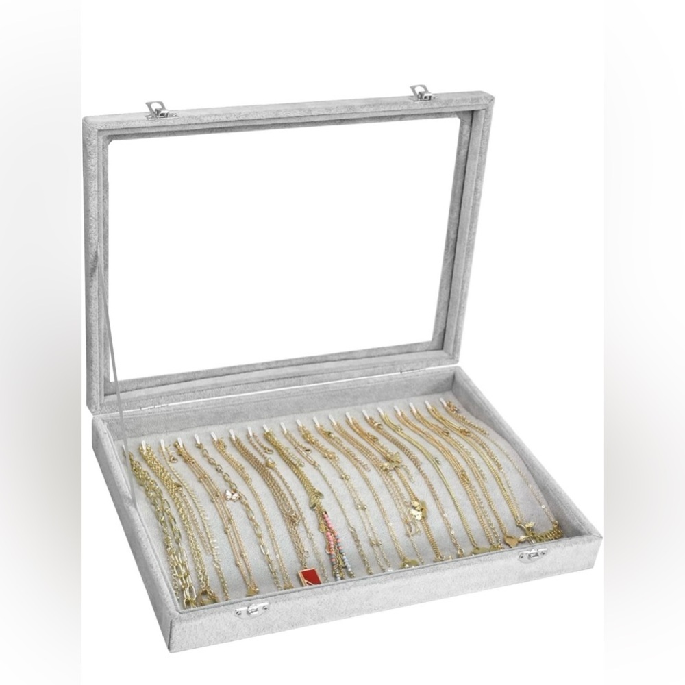 Premium White Velvet 20 Hook Necklace Organizer Box with Clear Lid